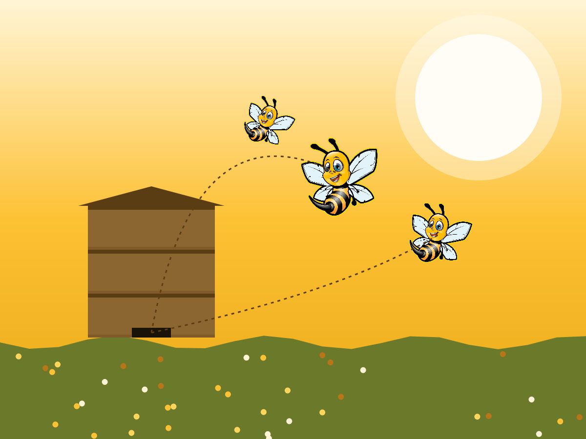 Bienen schwärmen am Bienenstand im Mai